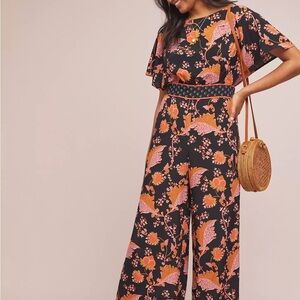 Anthropologie Maeve Belted Botanical Jumpsuit Black/Pink/Orange 8